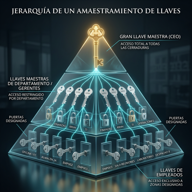 Esquema piramidal de un amaestramiento de llaves corporativo para oficinas B2B